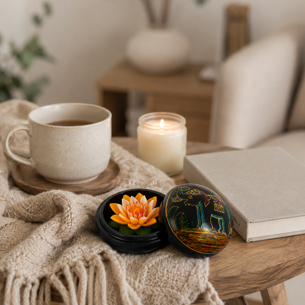 Fleur de savon Lotus Jaune dans son coffret décoratif