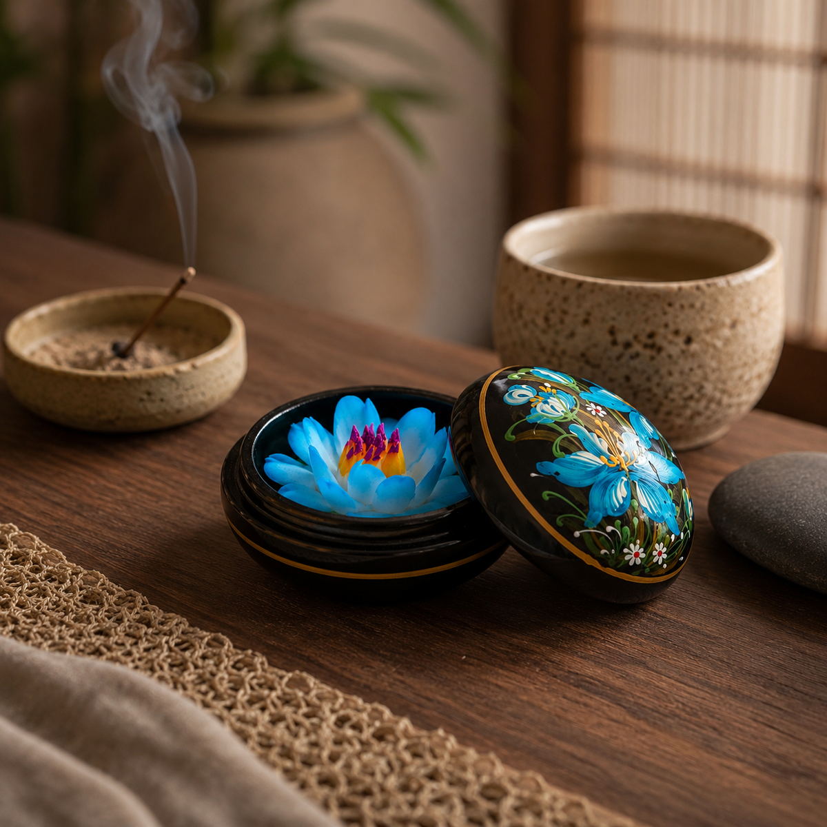 Fleur de savon Lotus Bleu dans son coffret décoratif